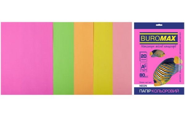 Набор цветной бумаги А4, 80г/м2, NEON, 5 цветов, 20л/уп