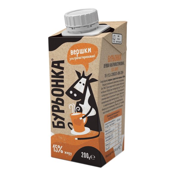 Сливки 15%, 200г, Бурьонка ультрапастеризованные