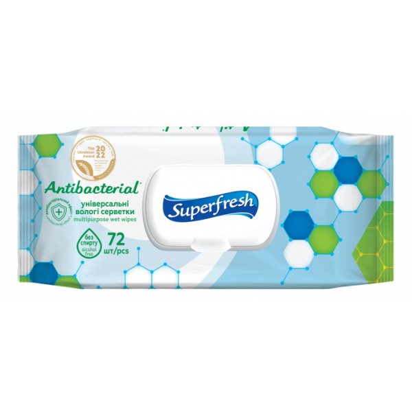 Салфетки влажные Superfresh антибактериальные с клапаном, 72шт