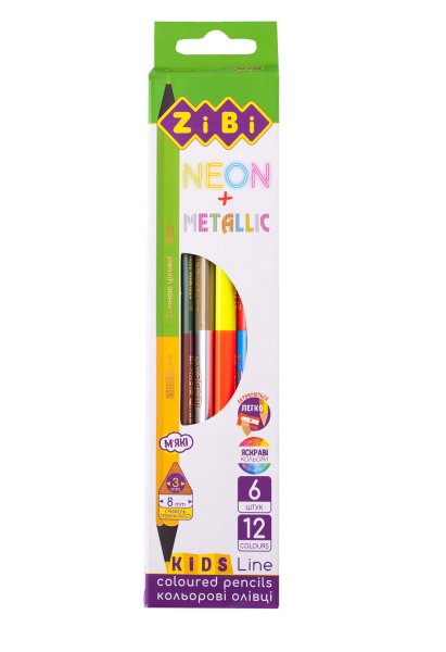 Карандаши цветные двухсторонние NEON+METALLIC, 6 шт/12 цветов, KIDS LINE