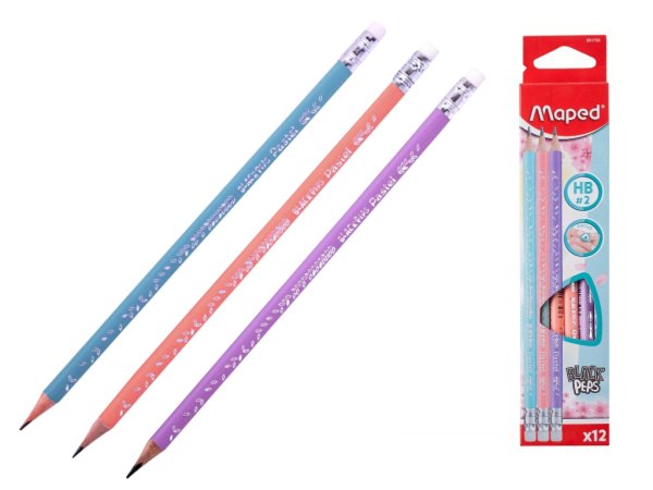 Карандаш графитовый BLACK PEPS PASTEL с ластиком, 12шт/уп