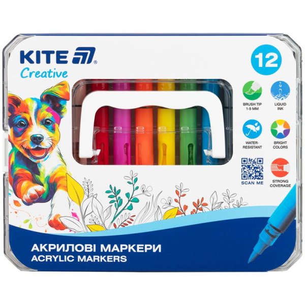 Маркери акрилові з рідкими чорнилами, 12шт Kite Creative