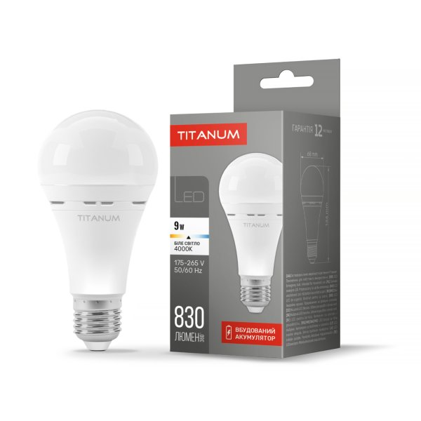 LED лампа акумуляторна TITANUM A80 A68 9W E27 4000K 220V