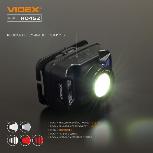 Налобний світлодіодний ліхтарик VIDEX H045Z 270Lm 5000K 