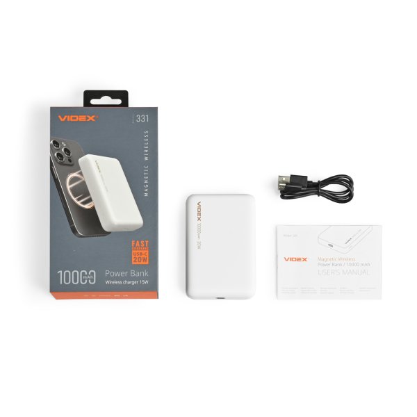 Повербанк з бездротовою зарядкою 10000mAh VIDEX VPB-331 PD20W White
