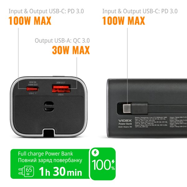 Повербанк 20000mAh VIDEX VPB-366 165W PD100W +Display