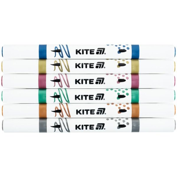 Маркери акрилові двосторонні, 6шт металік Kite Creative